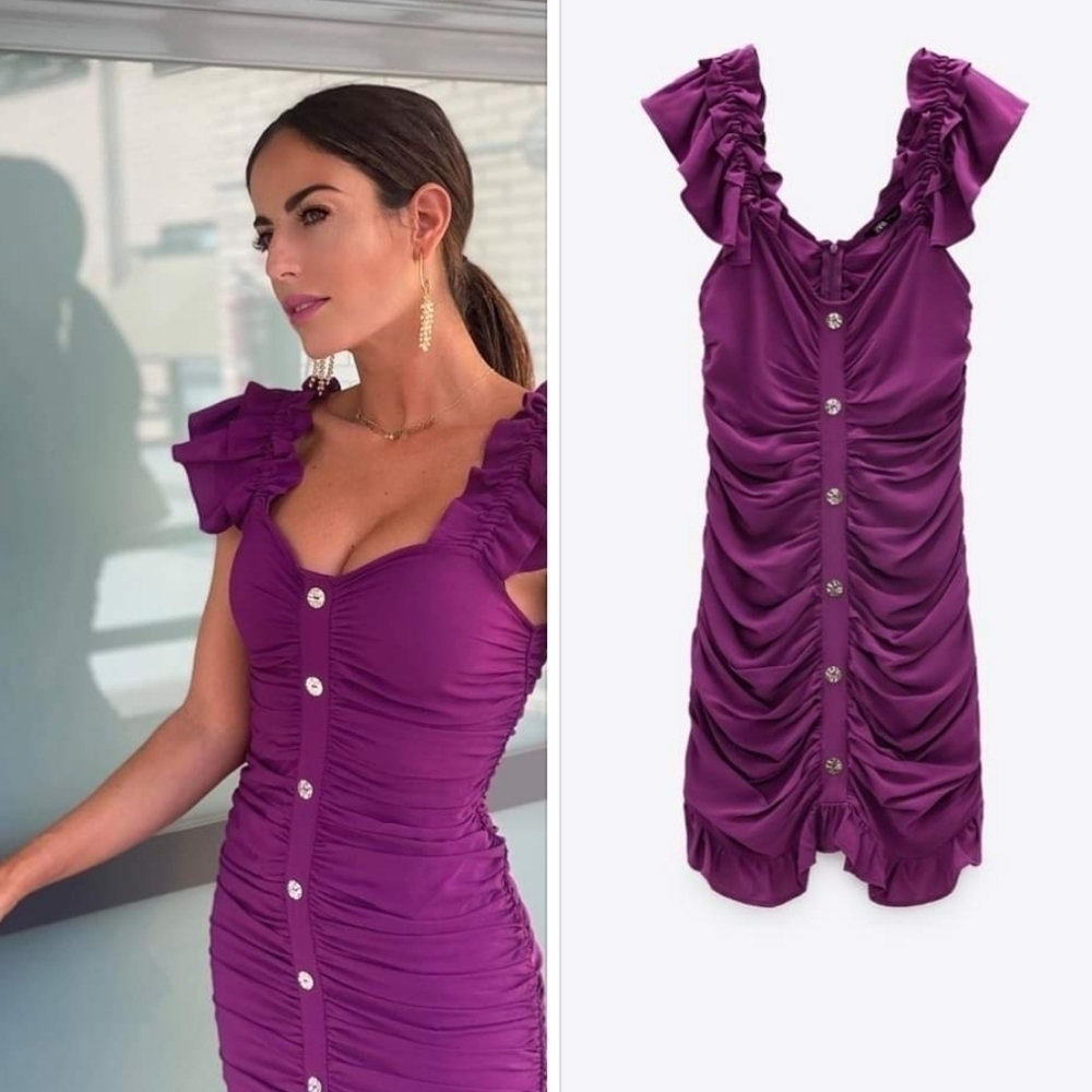 Zara Draped Ruffled Blogger Favorite Purple Mini Dress NWT XS - Picture 4 of 14